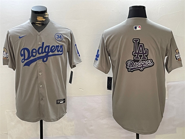 Men's Los Angeles Dodgers Team Big Logo Grey 2024 World Series With No. 34 Patch Limited Stitched Baseball Jersey Men's Los Angeles Dodgers Team Big Logo Grey 2024 World Series With No. 34 Patch Limited Stitched Baseball Jersey